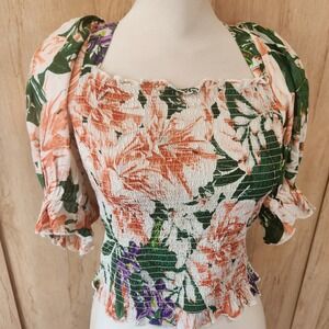 HM Floral Smocked Puff Sleeve Crop Top Peach Green Purple medium tropical beach